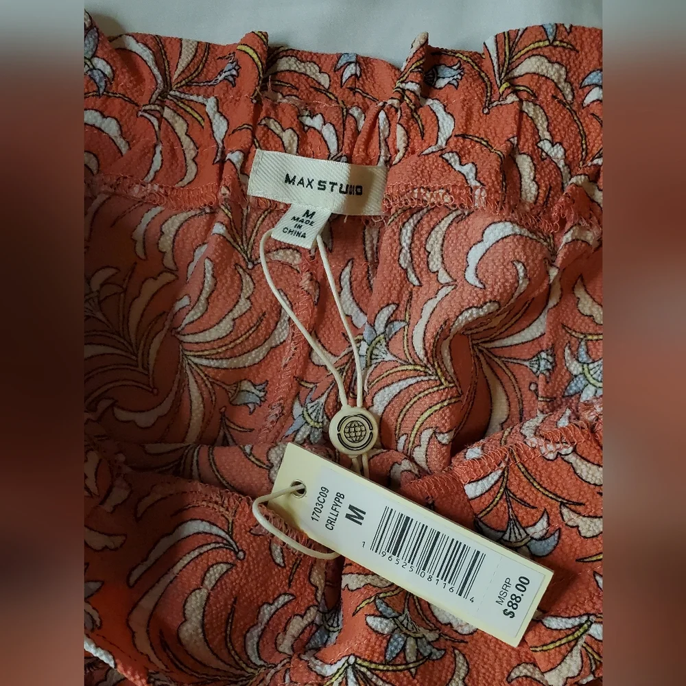 Max Studio Women’s Sz M Floral Shorts  w/Pockets Coral wTie Preppy  NWT